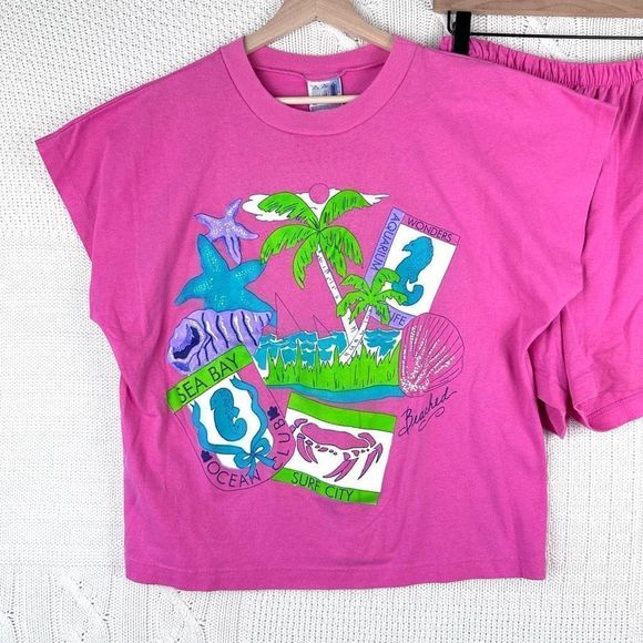 Vintage 90s Sears Vacation Beach Top Shorts Set Barbie Pink size Large - Picture 2 of 10